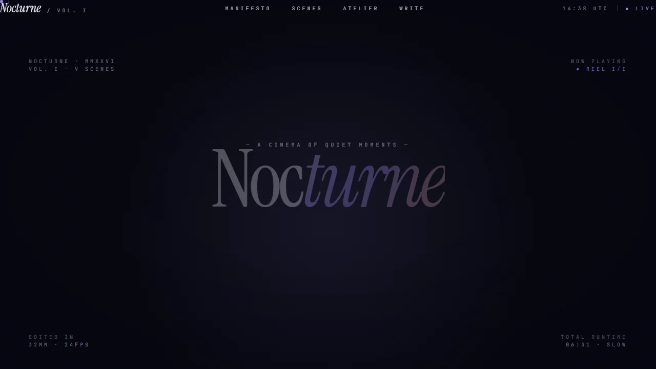 NOCTURNE — cool ultraviolet cinematic R3F homepage